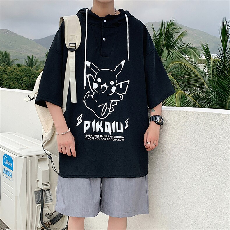LD54078-P45连帽短袖t恤男大码胖子带帽五分袖中袖,男装T恤,电商A040