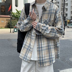青少年港风文艺格子衬衫男长袖春秋季休闲复古衬衣外套 W1599-P30图片