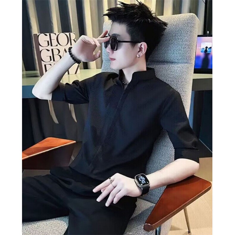 夏季男士短袖冰丝衬衫高级感上衣潮流时尚流行简约新款C2065,男装T恤,星座1116A-2（原606A-1）