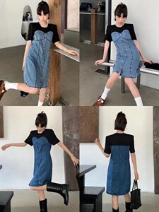 牛仔拼针织连衣裙，女装连衣裙，肆尔