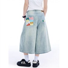 美式复古字母印花牛仔七分裤男女夏季高街宽松显瘦阔腿短裤潮，男装牛仔裤，星座410-6（原星座1304-1）