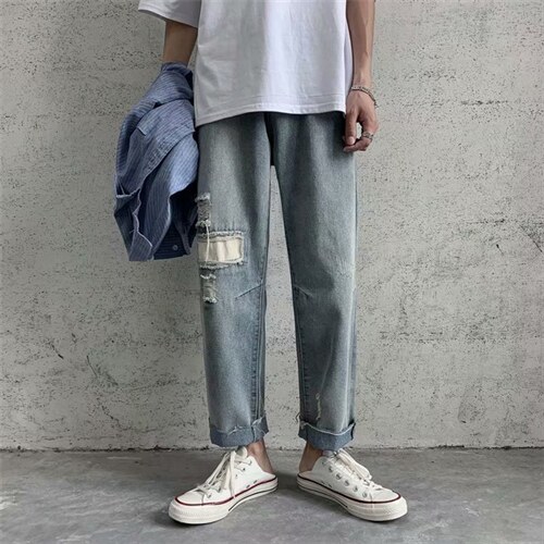 港风破洞牛仔裤男韩版潮流宽松直筒乞丐裤潮牌九分休闲裤279-p35,男装牛仔裤,星座1008-2