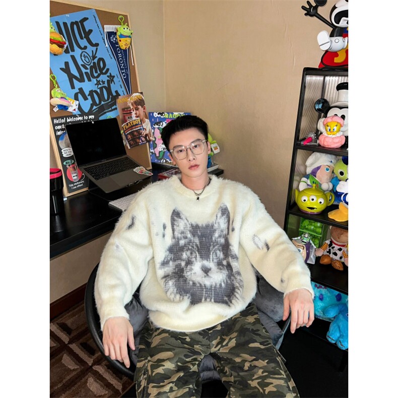 网络图现货！仿貂毛小猫毛衣设计感小众圆领针织衫外套RM908-P75,男装针织衫/毛衣,星座1005-6