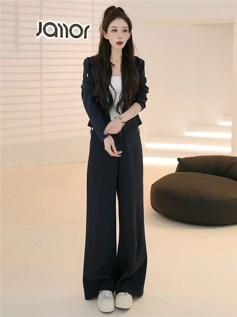 高级感时尚气质休闲套装女秋季新款纯色拉链开衫卫衣阔腿裤两件套,女装套装/套裙,江南