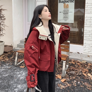 红色短款派克棉服女2025冬季新款韩系休闲小个子加绒加厚工装外套图片