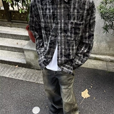 2025春季新款衬衫男女长袖蜡染格子街头潮流宽松翻领毛边百搭衬衣，男装衬衫，星座506A