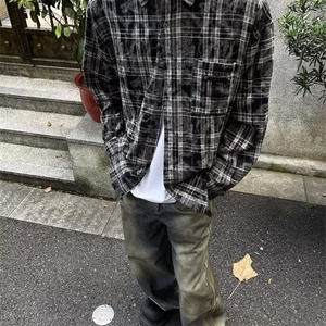 2025春季新款衬衫男女长袖蜡染格子街头潮流宽松翻领毛边百搭衬衣图片