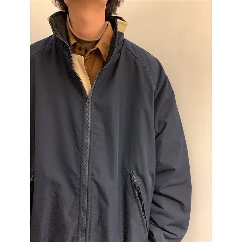 潮青少年撞色卡其色无帽立领冲锋衣男款冬外套拉链加厚纯色Y6586，男装棉衣，星座506