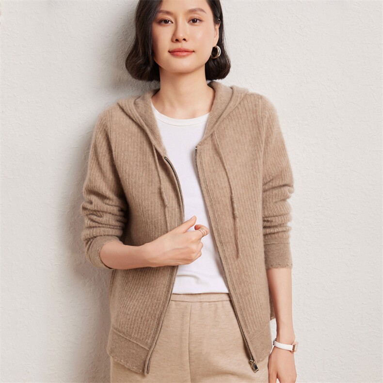 时尚女士羊绒镂空拉链连帽开衫舒适保暖显瘦百搭，女装羊绒衫，臻维羊绒