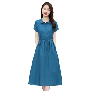 纯色棉麻连衣裙女夏季2025新款收腰显瘦中长款减龄洋气衬衫长裙子图片