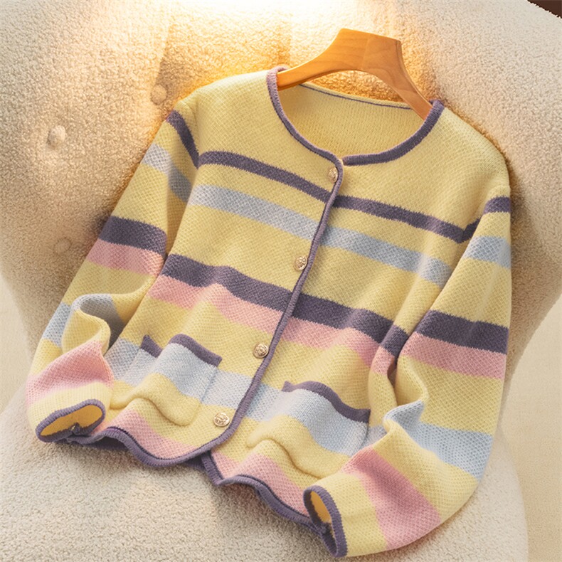 条纹羊毛衫女短款2024秋针织开衫毛衣外套女外搭，女装羊毛衫，盛世绒华