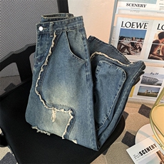 重磅小众解构流苏破洞牛仔裤复古做旧大口袋设计感裤子NZ091-P73，男装牛仔裤，星座308B-1