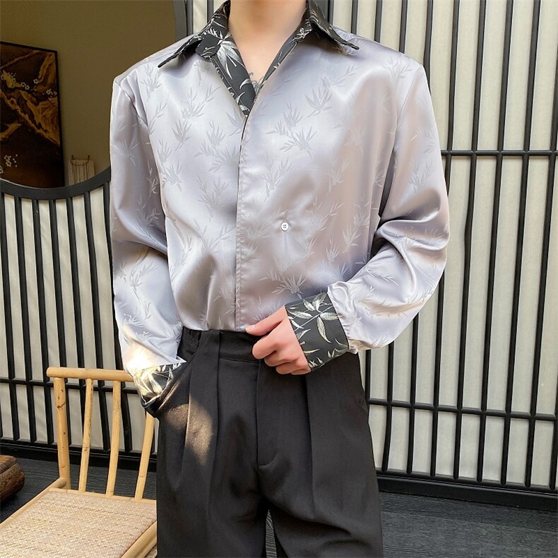 春季新中式缎面竹叶提花翻领长袖男女衬衣复古风衬衫5223P105,男装衬衫,电商A246