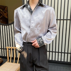 春季新中式缎面竹叶提花翻领长袖男女衬衣复古风衬衫5223P105，男装衬衫，电商A246