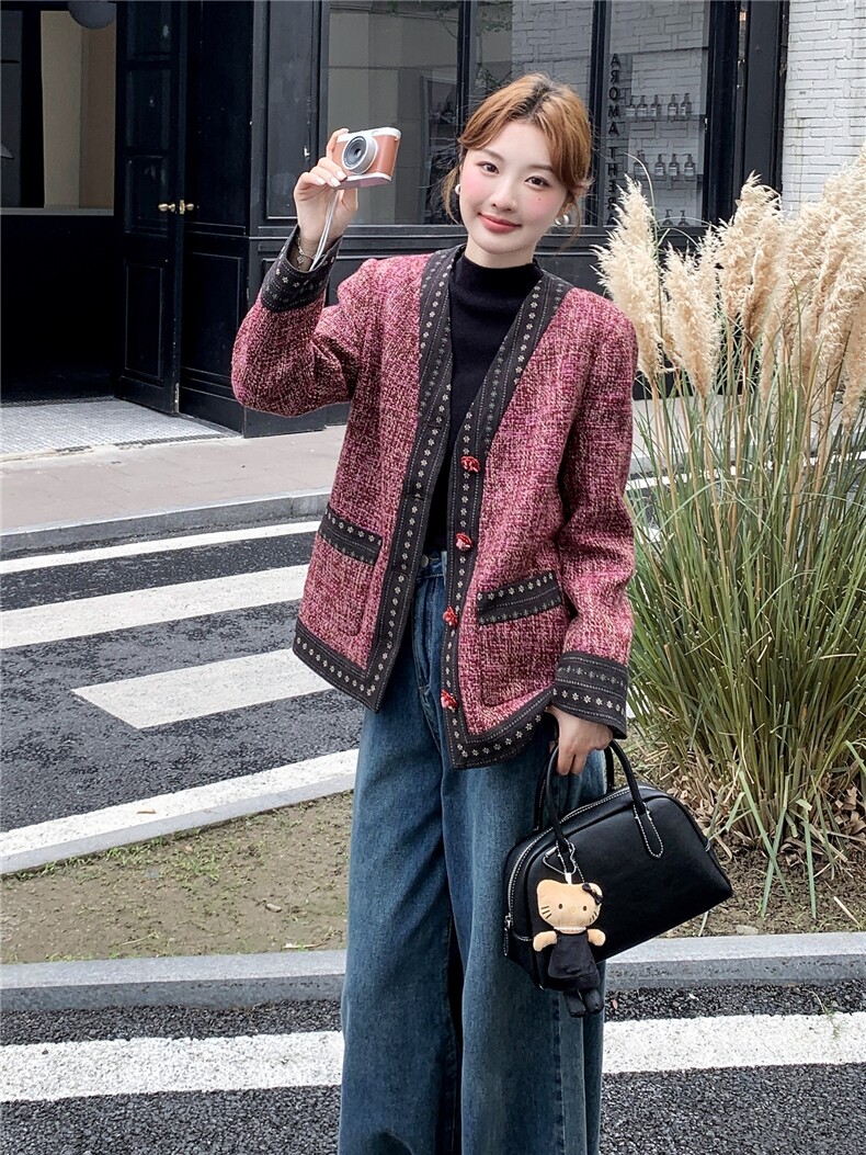 优雅撞色拼接粗花呢小香风外套女2025秋季新款气质高级感淡人夹克,女装短外套,2C259