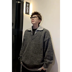 重磅北极绒假两件衬衫领毛衣美式高街复古休闲慵懒纯色翻领针织衫，男装针织衫/毛衣，电商A486