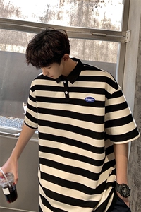 1美式港风条纹短袖polo衫男大码翻领短袖T恤DP8761P40控59图片