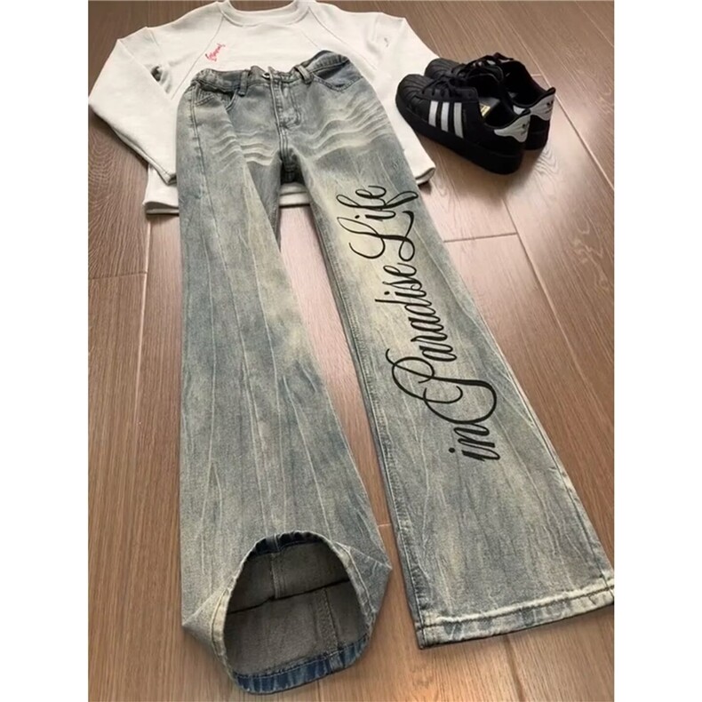 有货DKS6078-特批48复古蓝字母印花微喇牛仔裤男春秋，男装牛仔裤，星座603-2