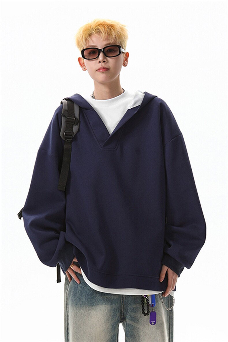 8XL-M叠穿假两件卫衣重磅连帽V领拼接套头衫宽松大码外套WY006P65,男装卫衣,电商B312