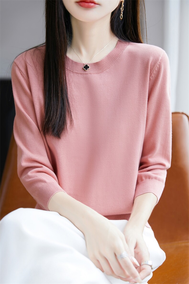 100%纯棉针织短袖T恤女圆领七分袖纯色上衣宽松全棉休闲半袖打底,针织衫/毛衣,长今羊