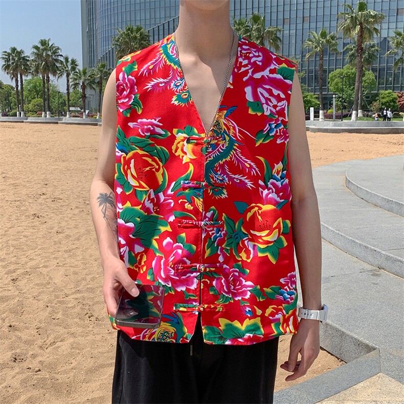 网红东北大花红色马甲男高级感新中式国风痞帅西装套装设计感夏季,男装背心/马甲,星座115A(原星座507）