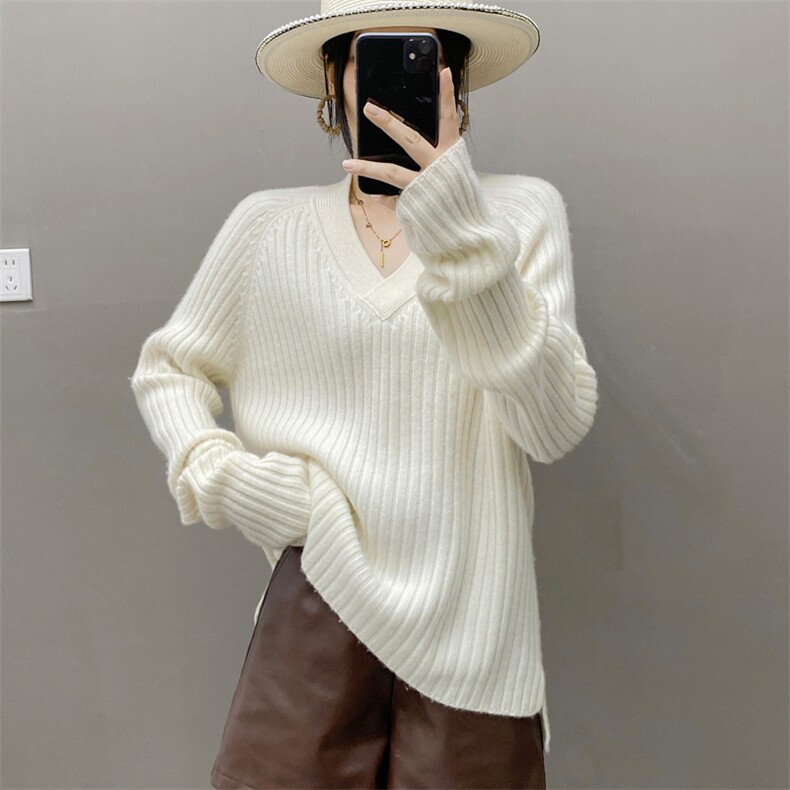 24新品5针3股前短后长V领山羊绒加厚保暖羊绒衫宽松时尚,女装羊绒衫,织绒羊