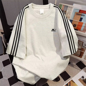 抖音得物高品质二开240克宽松纯棉美式潮牌三条杠织带短袖T恤图片