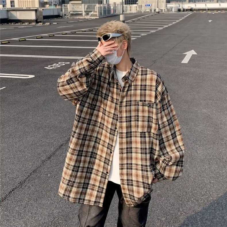 美式复古格纹长袖衬衫男女宽松上衣潮流慵懒情侣休闲衬衣6002/P40,男装衬衫,星座506