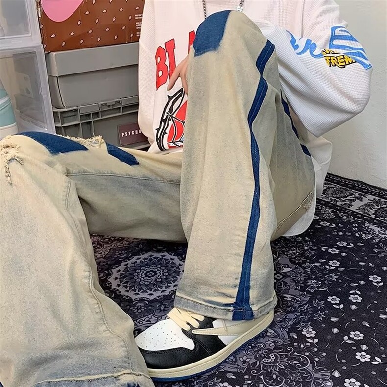 破洞牛仔裤男宽松高街直筒阔腿混色拼接拖地贴布裤子NK522,男装牛仔裤,星座1116A-1（原606A）