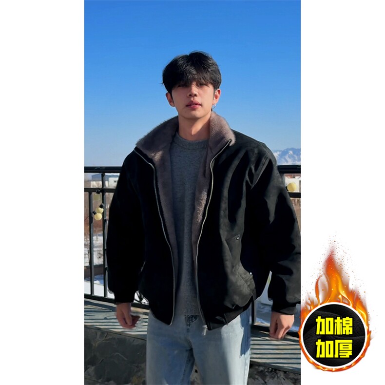 现货高品质美式高街重磅座山雕毛毛立领pu麂皮棉衣男女加厚外套冬，男装棉衣，电商A486-1