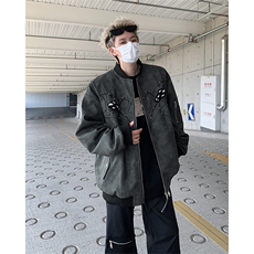 美式蜘蛛刺绣复古做旧PU皮衣飞行员夹克秋新款棒球服潮牌外套男女，男装夹克，星座505-2（原电商A260-1)