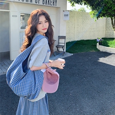 2025夏季新款韩版圆领字母刺绣休闲宽松T恤格子半身裙两件套装女，女装套装/套裙，2C203