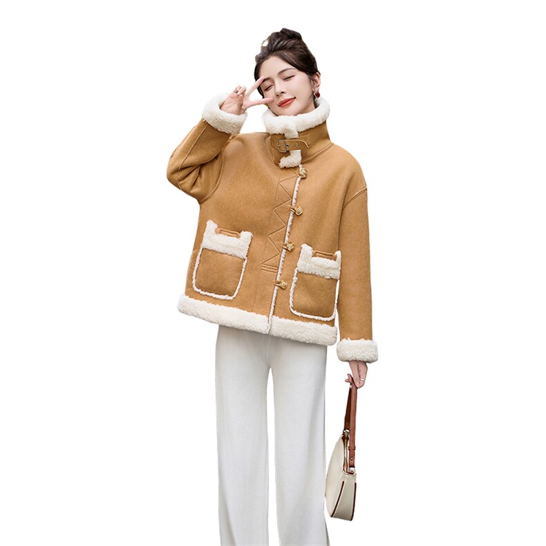 现货！冬季新款女2024时尚舒适保暖气质优雅大气毛绒拼接皮毛外套,女装短外套,魅影