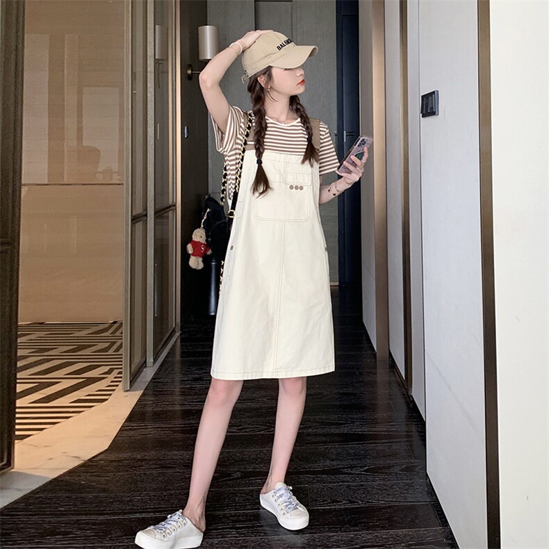 2025夏季新款可盐可甜条纹背带裙两件套装女学院风显瘦减龄连衣裙,女装套装/套裙,浙宝285（原212）