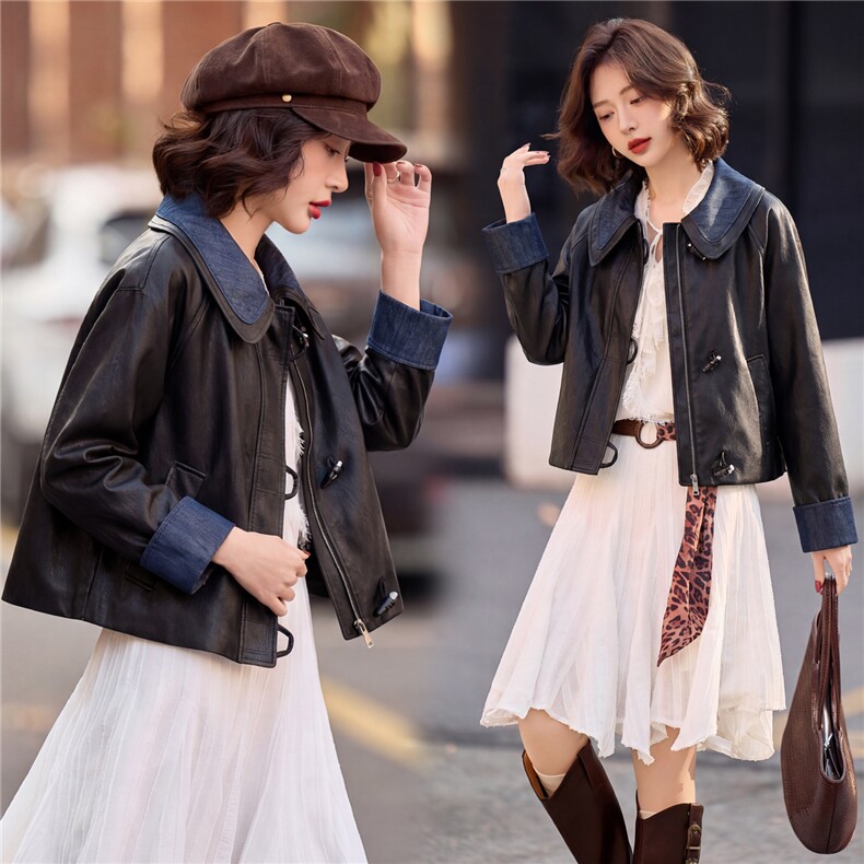 【春季女装新款】大量现货时尚牛仔相拼宽松短款皮衣外套，女装皮衣，魅衣本色