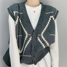 黑白菱形格单排扣开衫马甲无袖背心早春新款女毛衣针织衫欧洲站，女装马夹，潮品会