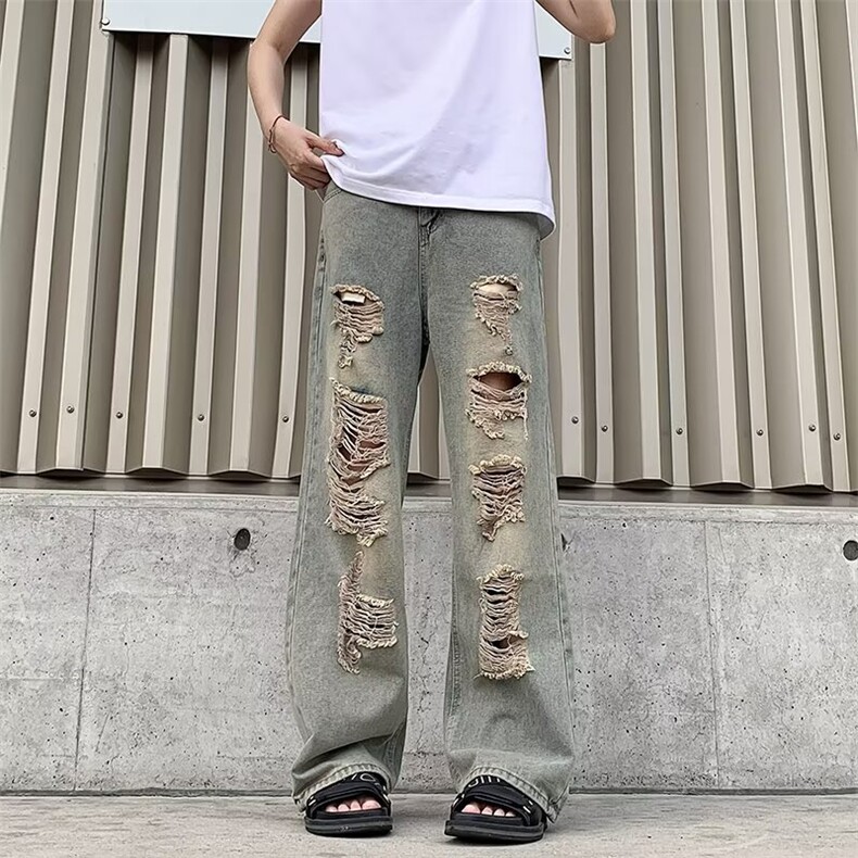 高街做旧废土色破洞牛仔裤男女复古小众直筒乞丐长裤RK3111-P42图片