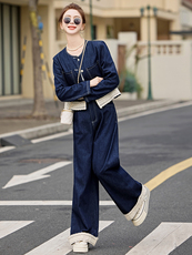 蕾丝拼接牛仔套装女2025春季新款穿搭时尚牛仔外套阔腿长裤两件套，女装套装/套裙，天丽