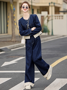蕾丝拼接牛仔套装女2025春季新款穿搭时尚牛仔外套阔腿长裤两件套图片