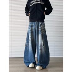 复古水洗蓝色猫须弯刀牛仔裤男女微喇宽松阔腿拖地镰刀裤直筒哈伦，男装牛仔裤，星座410-6（原星座1304-1）