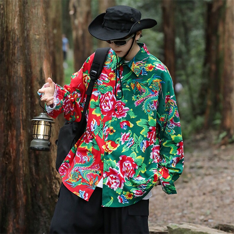 PC203男士休闲东北大花拼接长袖衬衫外套男女宽松寸衣汉服演出服图片