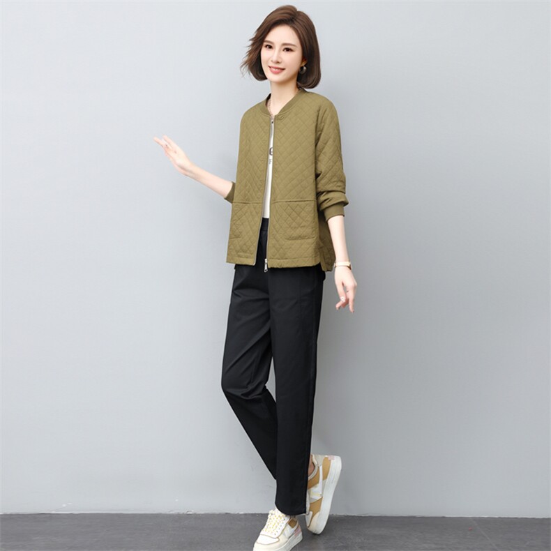 春秋新款时尚两件套女休闲宽松格子棒球服开衫休闲裤中老年妈妈装,女装套装/套裙,璐依舞