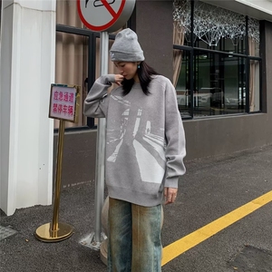 秋冬新款抽象图案圆领套头毛衣新款小众复古宽松慵懒针织衫男潮流图片