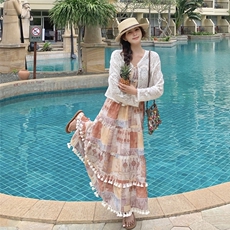 波西米亚连衣裙女2025夏季新款复古气质度假风开衫吊带长裙两件套，女装套装/套裙，2C299