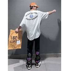 B221美式ins高街暗黑小众情侣毛巾绣直筒牛仔裤LK23021-P65控88，男装牛仔裤，电商B221