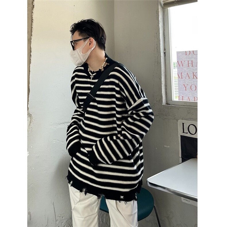 DU09-P50高质量春秋新款圆领条纹针织衫男宽松痞帅潮-网图现货,男装针织衫/毛衣,星座603-2