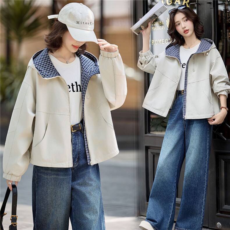 2025秋季新品经典时尚撞色格纹休闲连帽百搭宽松短外套，女装短外套，难舍钰依