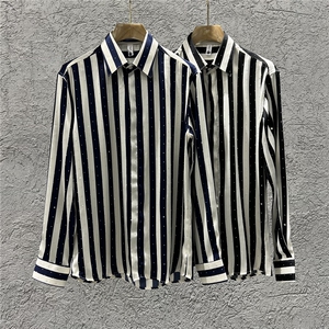 满天星烫钻条纹垂感衬衫男长袖时尚设计感衬衣黑色C9918-P68图片