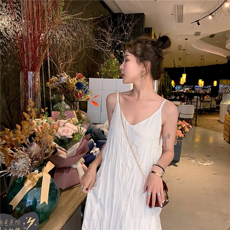 现货2022夏季新款打底褶皱中长款吊带裙仙女裙-A1810-P55K99，女装背心吊带，浙宝305