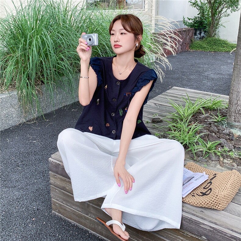 设计感藏蓝色刺绣上衣阔腿裤两件套女2025年夏季新款休闲显瘦套装,女装套装/套裙,维壹